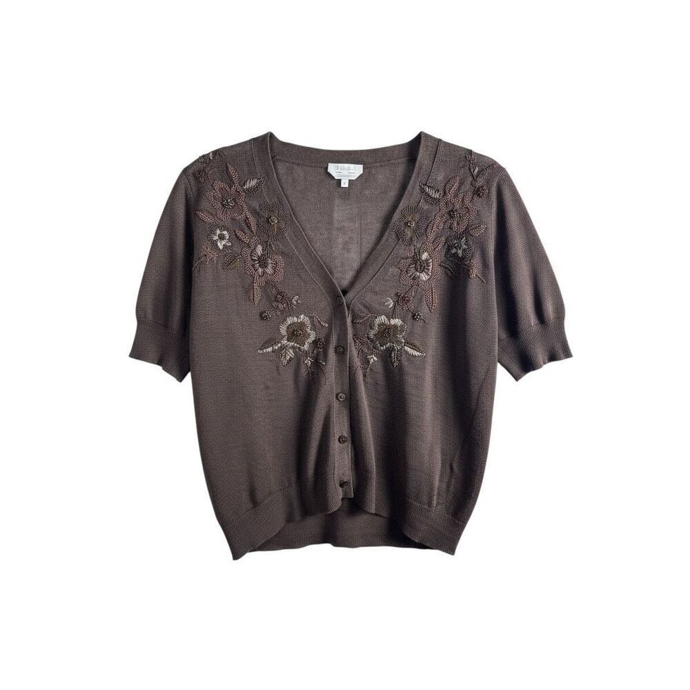 Max Mara Vintage Embroidered Sweater Size Medium 100% Flax Linen Brown Floral